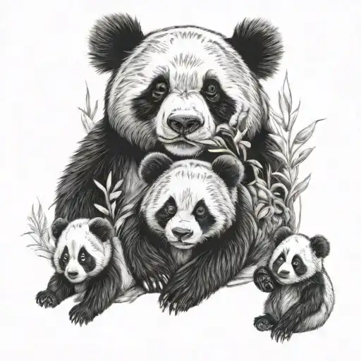 4 Baby Pandas Being Defended By Adult Grizzley Bear