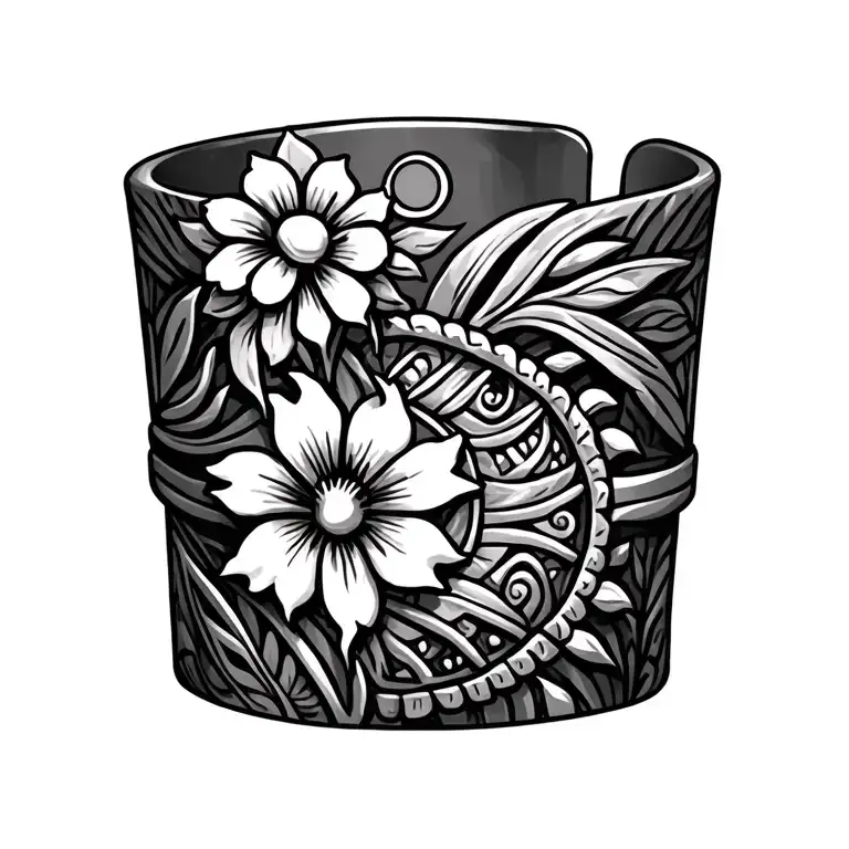 Polynesian Bracelet With Flower Tortoise Sun On The Edge