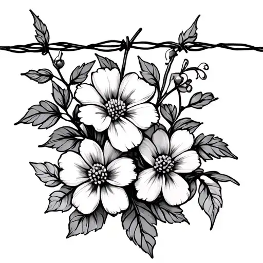 Straight Vine Of Multiple Small Flowers And Barbwire