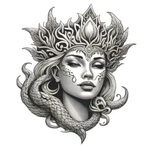 Sun Goddess Face With Unrealistic Snake Crown For Shoulder