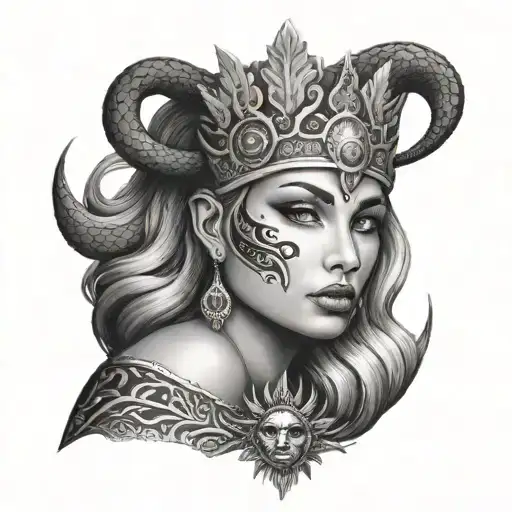 Sun Goddess Face With Realistic Snake Crown For Shoulder