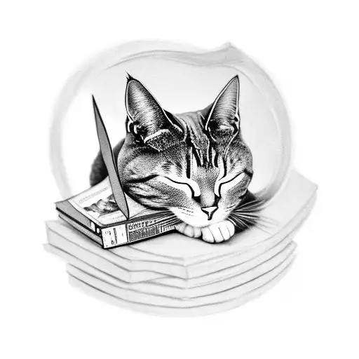 A Black-grey Tattoo Of A Cozy Living Room With A Cat Sleeping On A Stack Of Comic Books