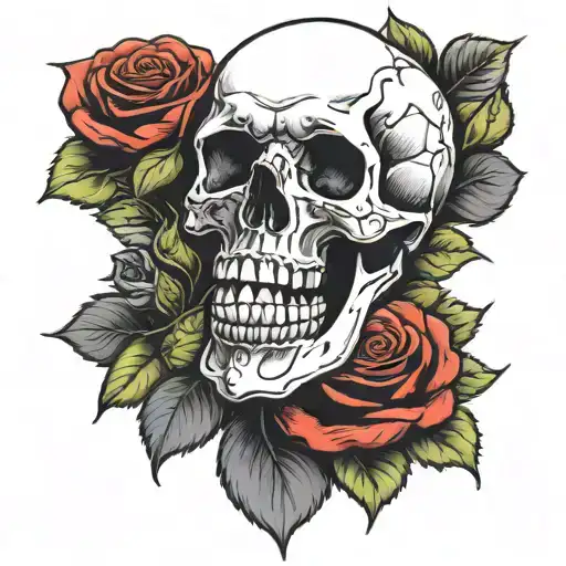 Skull Sitting On A Red And Black Rose With Green Leaves