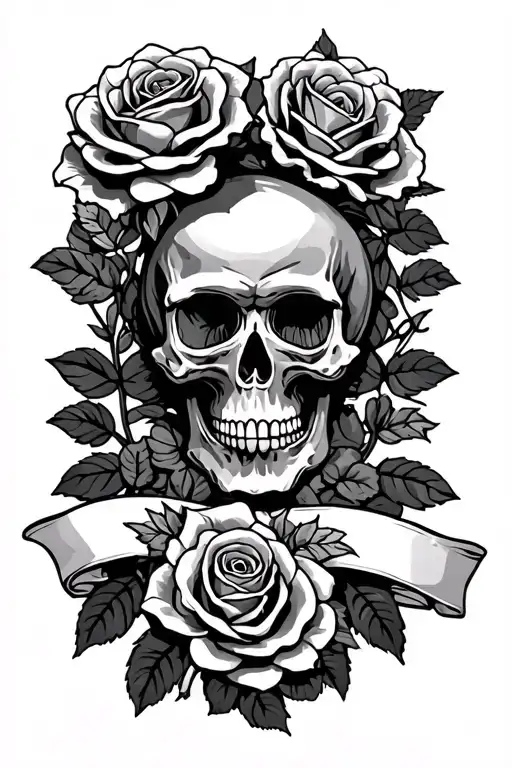 Banner And Roses With Skulls