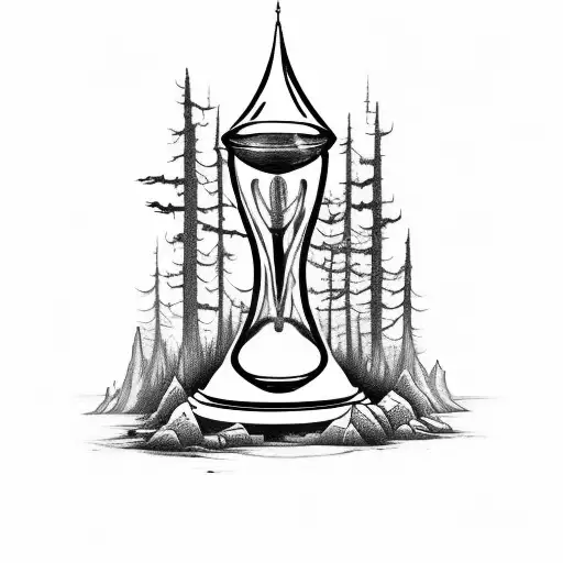 Sketch-style Tattoo Of A Haunted Hourglass Nestled Within A Dense Forest