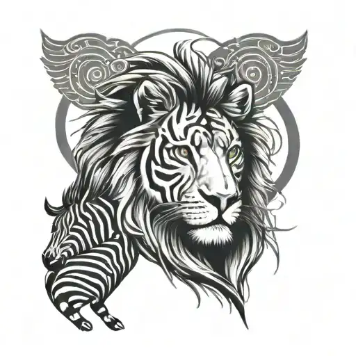 Quarter Sleeve Zen Lion And Zebra Head With Peace Japanese Symbol And