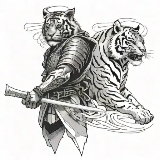 On The Ribs On The Left In A Minimalist Style With A Samurai And A Tiger In The Form Of An Aura