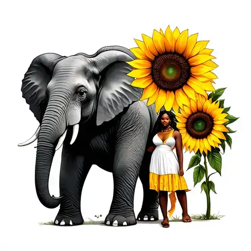 Black Women Standing Next To A Elephant With Sunflower