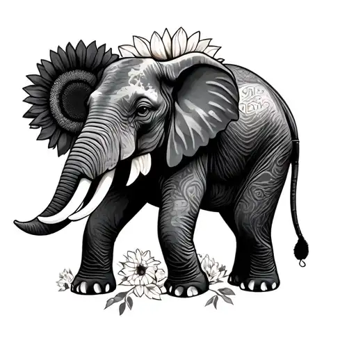 Elephant With Sunflower Surrounded