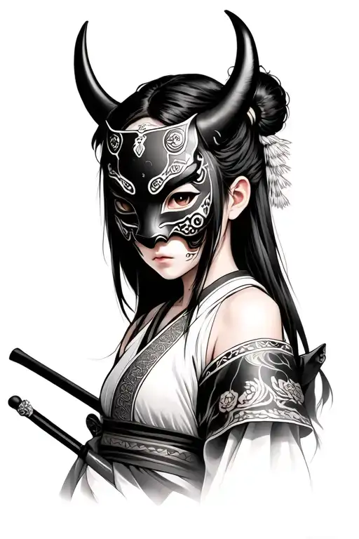 Japanese Girl With Oni Mask And Samurai