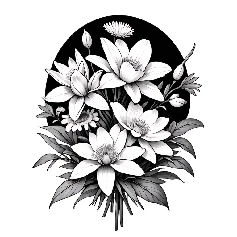 Flower Boquet With Daffodil And Water Lily And Aster And Sweet Pea