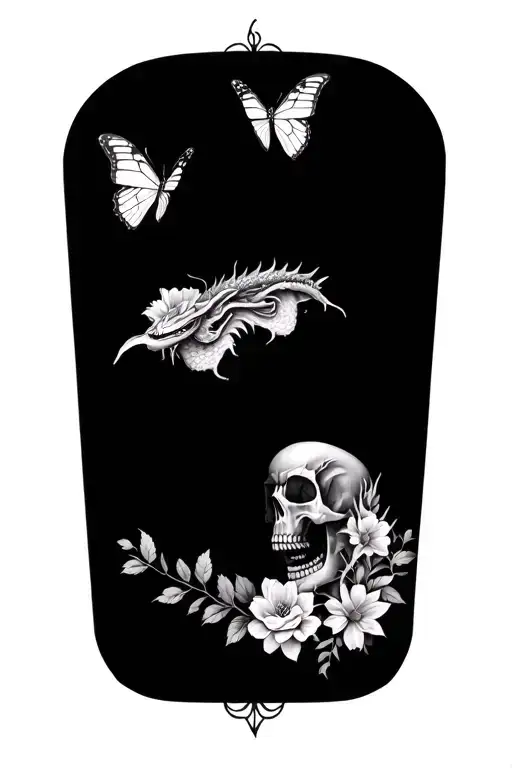Skull And Flowers Butterflys Dragon