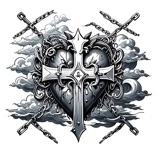 Black And White Gothic Chains To Chromeheart Cross Tatoo With Clouds And Waves