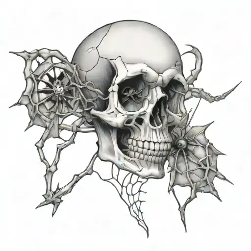 Memento Mori Skull With Webs Entwined And A Black Widow Crawling Around Inside