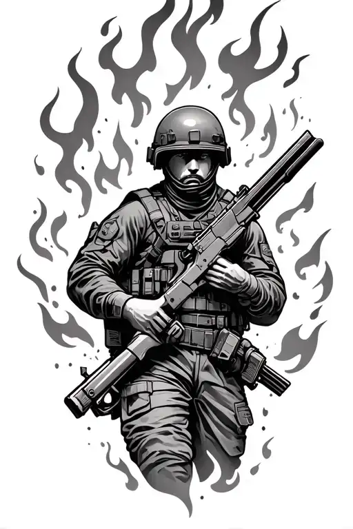 Soldier With Gun And Helmet Engulfed In Flames