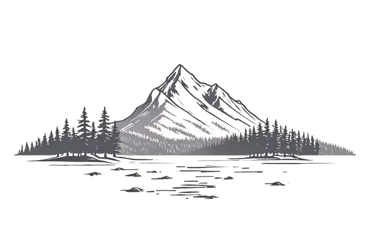 Mountain Outline With Trees And A Lake In The Foreground