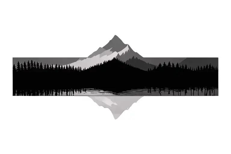 Mountain Outline With Trees And A Lake In The Foreground