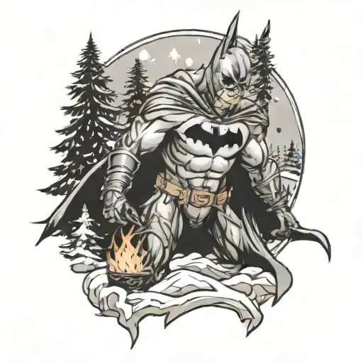 Winter Batman With Pine Trees Background Looking With Campfire