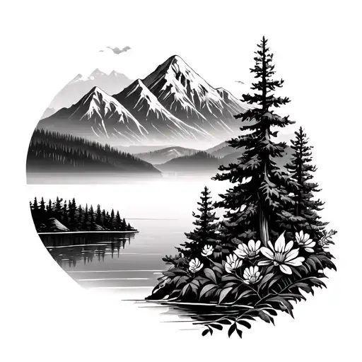 Mountain Background With Trees And Lake With Flowers Below