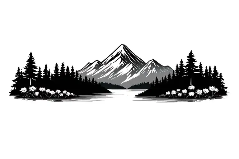 Mountain Background With Trees And Lake With Flowers Below