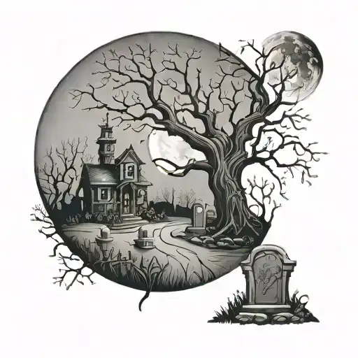Scary Graveyard With Tree And Moon