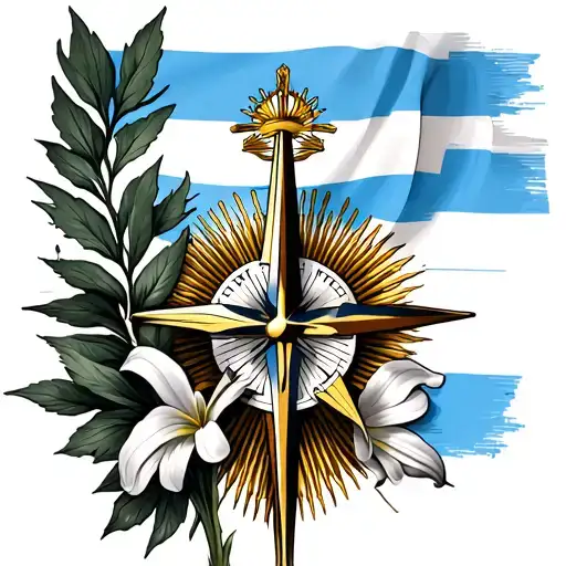 Argentina Flag With Compass And Lilly Flower Bouquet
