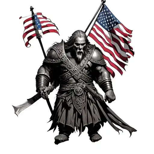 Half Dead Viking Warrior With An American Flag But Make It Look Realistic