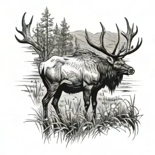 Bull Elk Grazing In A Field
