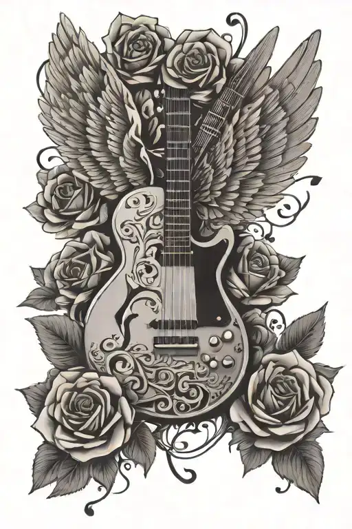 Guitar With Wings And Surrounded By Musical Notes And Roses