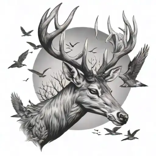 Deer And Birds Flying