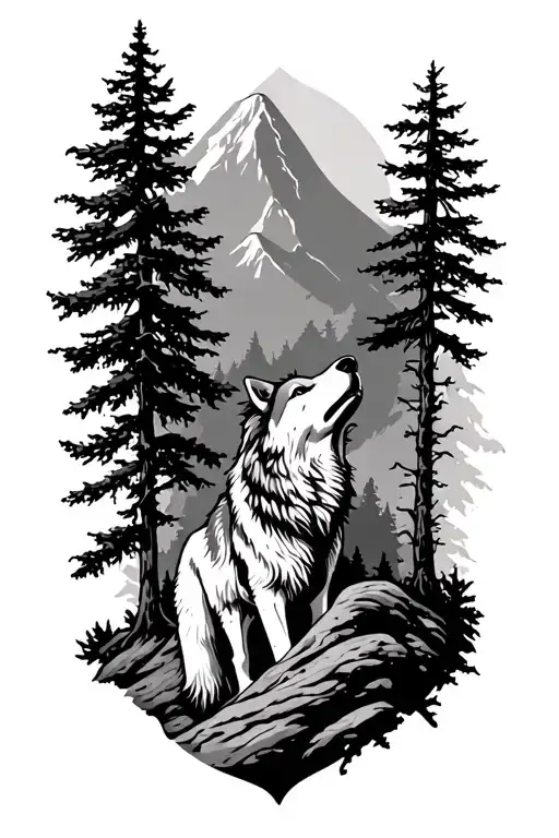 Nature Trees Mountain And Wolf Howling