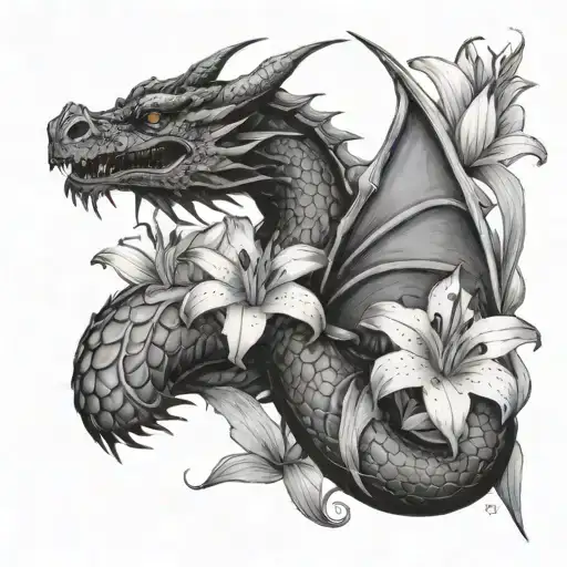 Dragon And A Lily Flowers