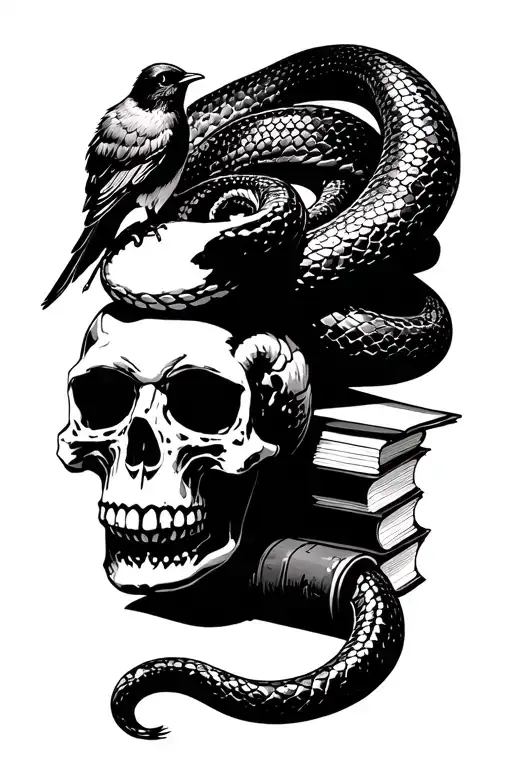 Dark Romance Snake On A Book And Skull With A Tiny Bird