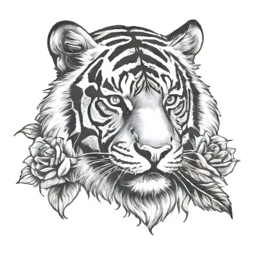 Tiger With Black And Red Flowers