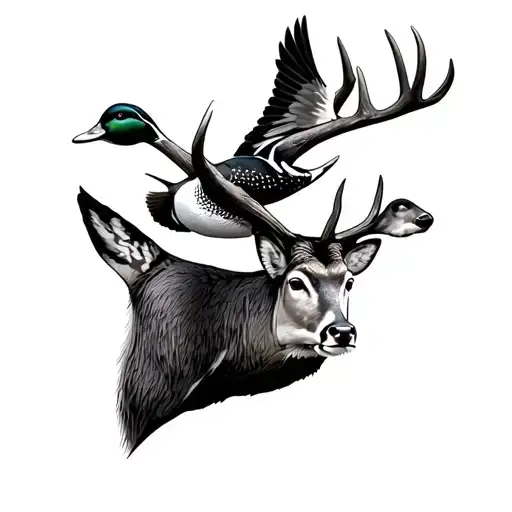 Whitetail Deer With Flying Wood Duck