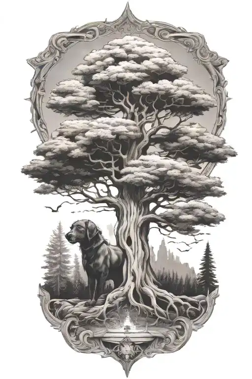 Sequoia Tree Growing With Roots And A Hindu Crown Surrounded Black Lab