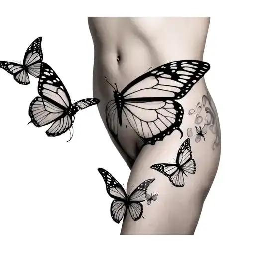 2006 On Thigh And Minimalistic Butterflies Fluttering Around And Up The Hip