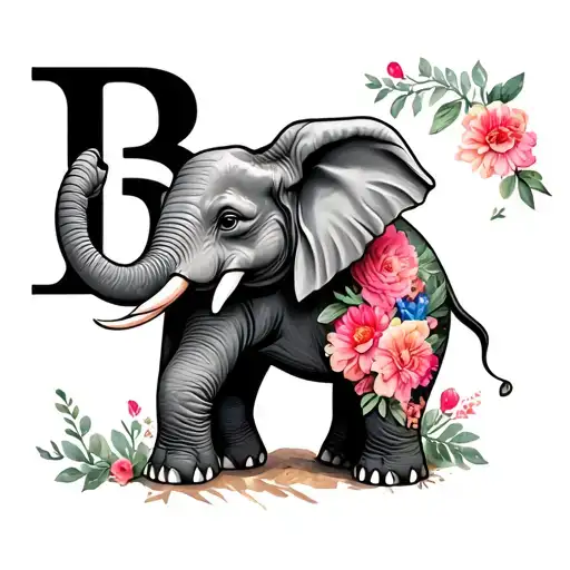 Elephant Trunk Up With Flowers And The Letter B