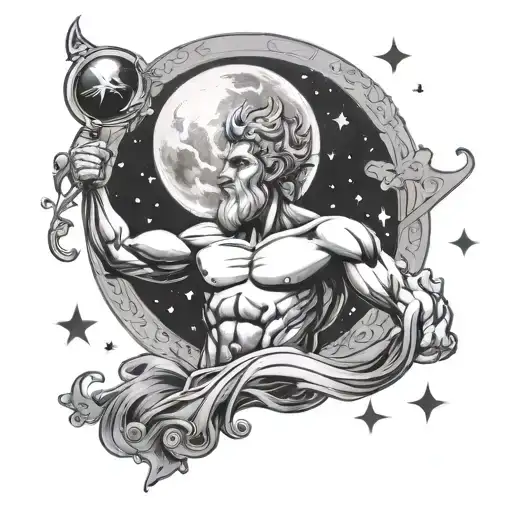 Galaxy With Moon And Stars And Atlas Greek God Old School