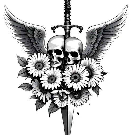 Angel Dagger With Skulls Gerbera Daisies