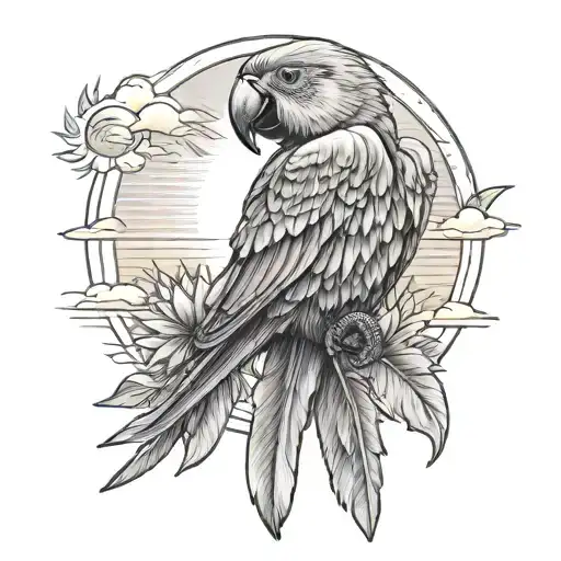 Parrot And Sun Setting With The Dates 1976 And 1973