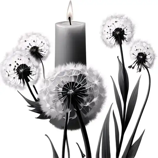 Burning Candle With Dandelion Flowers