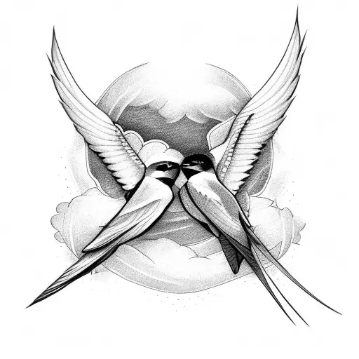 Two Swallows With Sun And Flowers