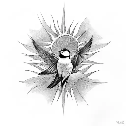 Swallows With Sun And Flowers