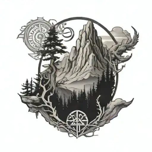 Roman Gladiator Mountain Range And Treeline Sleeve With Nordic Runes