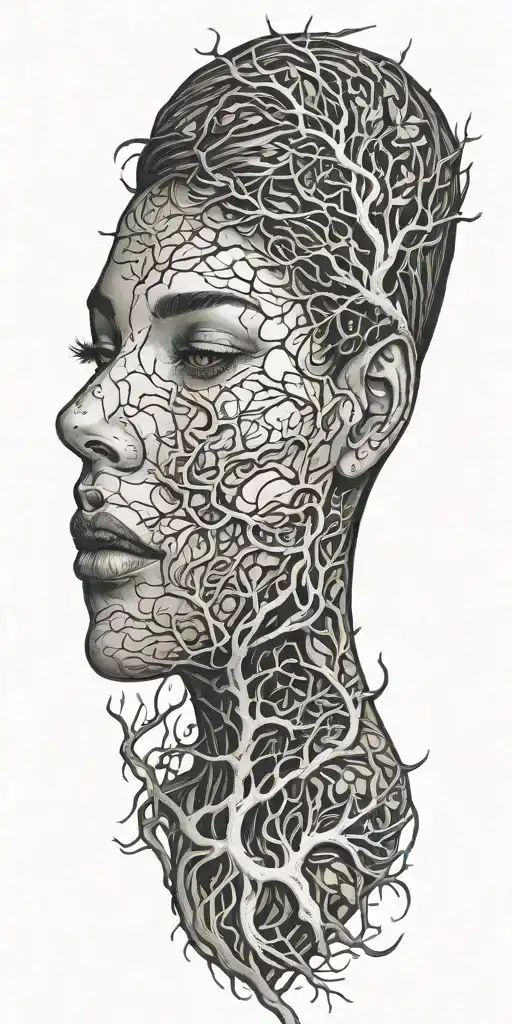 Beautiful Girl Face And Tree Roots Morphed Together