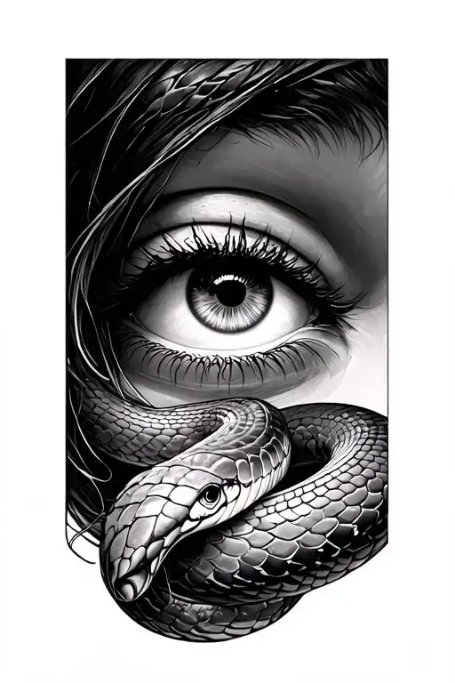 Female Eye With Snake Slithering At Background