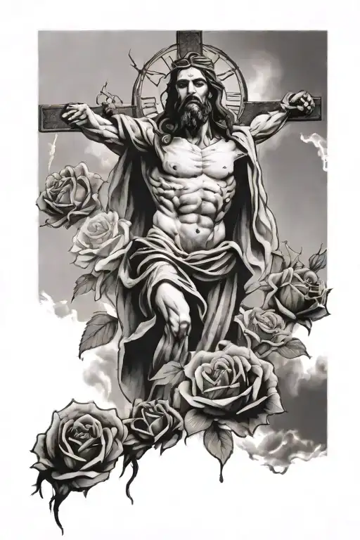Jesus Christ With Cross With Clouds And Clock With Roses And Shading And Lots Of Thorns With Bullets