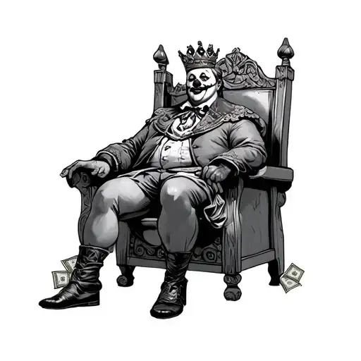 A King Sitting On His Throne With Clown Makeup With Money Bags On His Feet