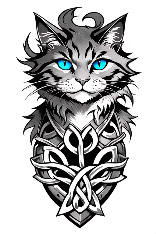 Cheshire Cat With Blue Eyes On Armor Tattoo Design Featuring Celtic Trinity Knot